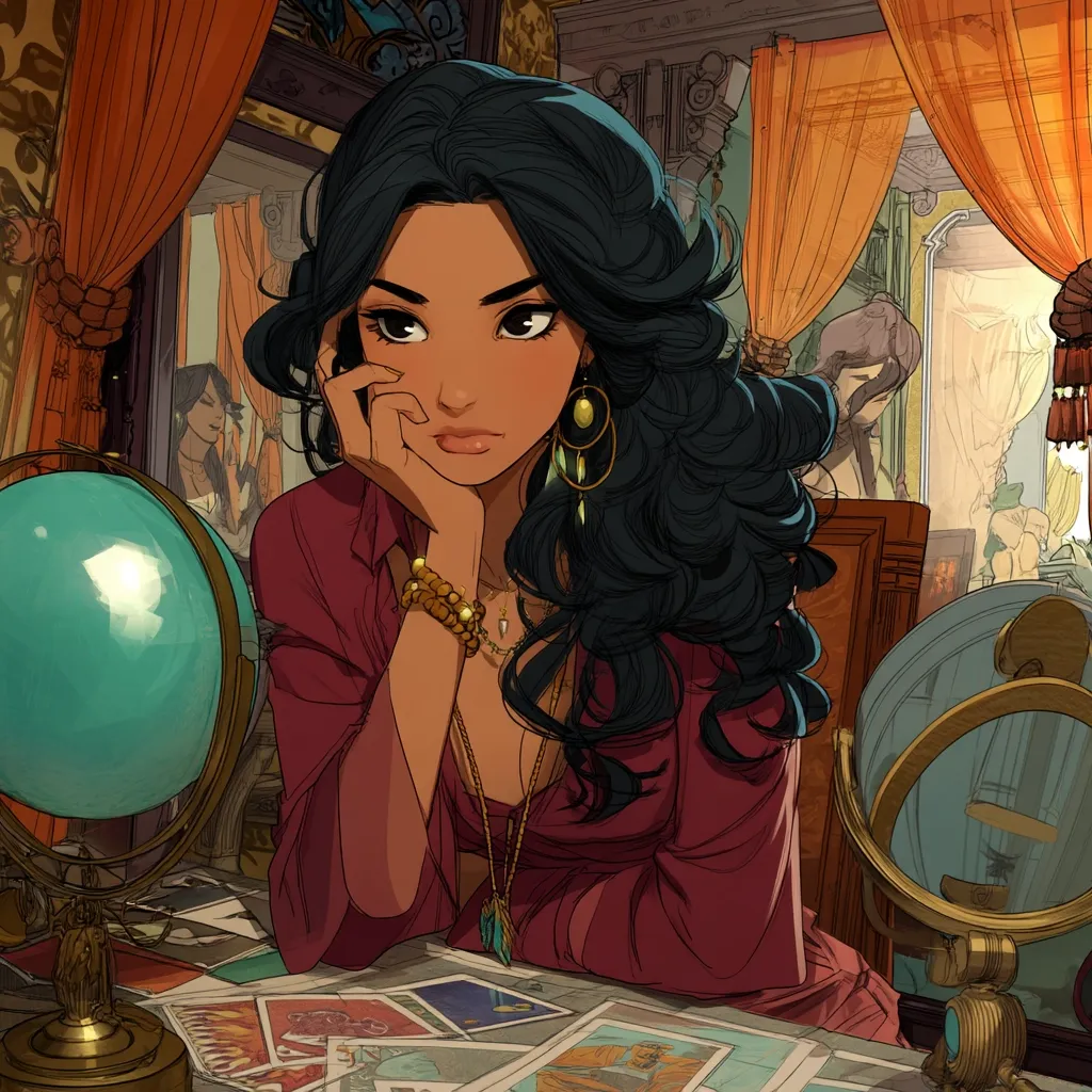 A young woman with long, dark hair and olive skin sits at a table, her chin resting on her hand.  She wears a maroon, long-sleeved top and several necklaces and bracelets.  The setting is opulent, with rich fabrics, ornate mirrors, and a globe on the table beside a spread of tarot cards.  Her expression is pensive, and the overall mood is mysterious and elegant.