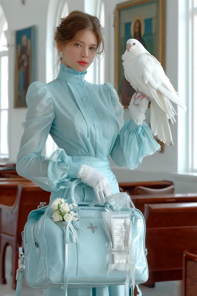 A young woman in a pale blue, high-collared blouse and skirt holds a white dove.  She wears white gloves and carries a matching light blue handbag adorned with a small cross and flowers. The setting appears to be a church, with wooden pews and religious artwork visible in the background. The overall aesthetic is elegant and vintage-inspired.