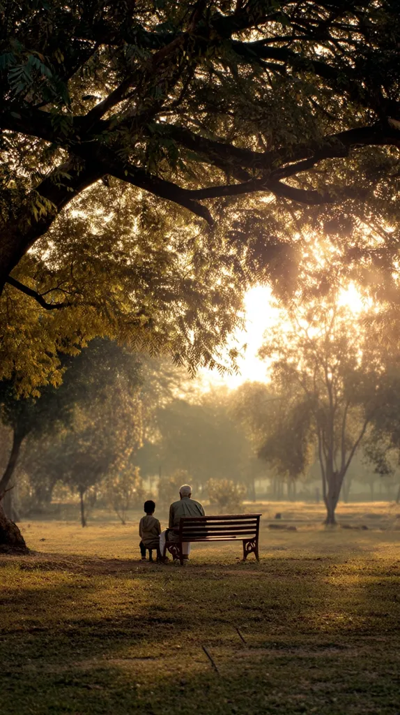 An elderly man and a child sit on a park bench beneath a large tree, bathed in the warm glow of the setting sun.  The scene is peaceful and serene, with soft light filtering through the leaves and illuminating the tranquil park landscape. The figures are silhouetted against the bright light, creating a sense of calm and contemplation.  The overall feeling is one of quiet intimacy and connection between generations.