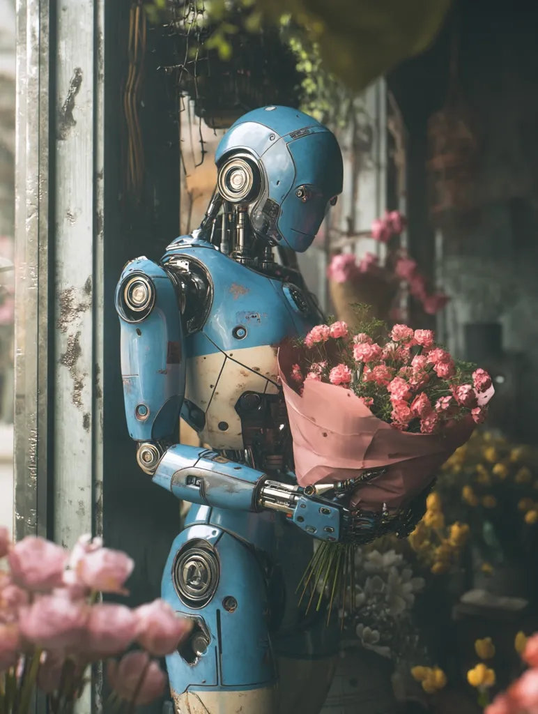 A weathered, blue and white robot stands in a flower shop, gently holding a bouquet of pink carnations.  Its metallic joints and aged paint suggest a long life. The robot's posture is pensive, its gaze downcast. The background is blurry, focusing on the robot and the flowers, creating a poignant and slightly melancholic scene.
