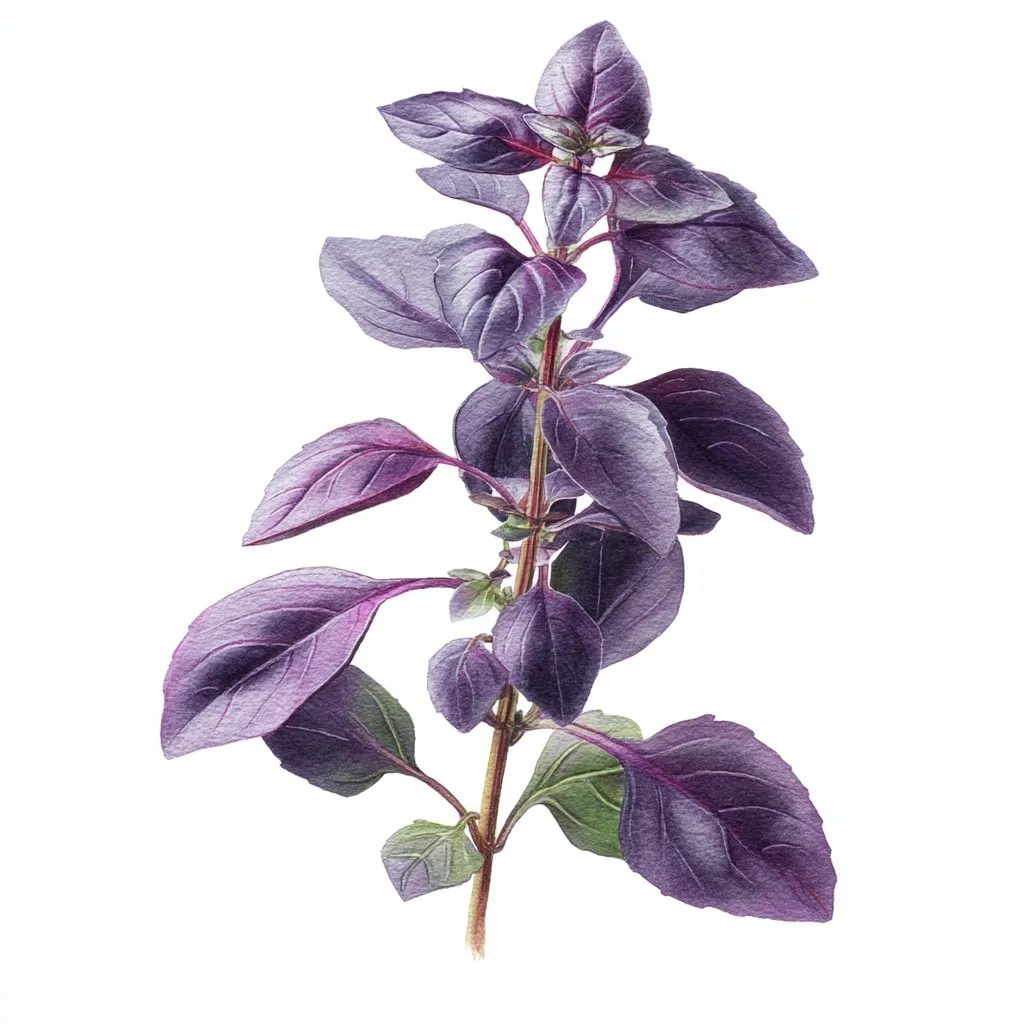 A watercolor painting depicts a sprig of purple basil.  The leaves are various shades of deep purple and green, exhibiting a rich texture. The central stem is slender and brown. The basil is isolated against a pure white background, showcasing the vibrant colors and details of the plant.  The artwork has a botanical illustration style.