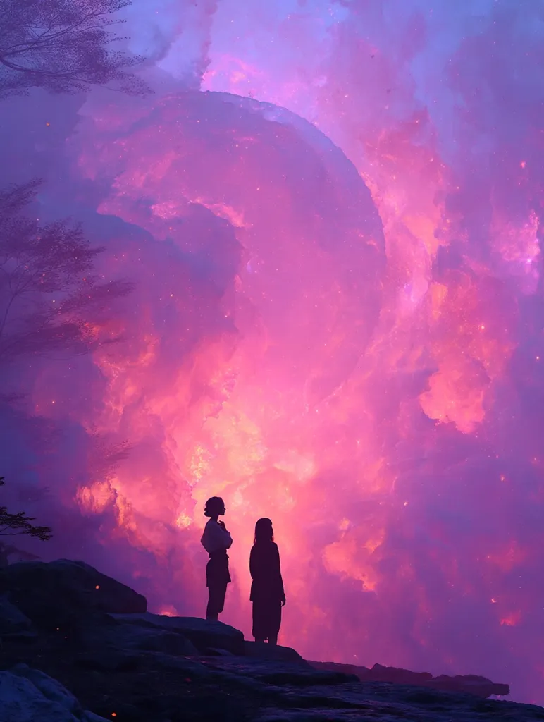 Two silhouetted figures stand on a rocky outcrop, gazing at a breathtaking celestial spectacle.  A massive, vibrant pink and purple cloud formation dominates the sky, resembling a cosmic nebula filled with swirling colors and sparkling particles.  The scene is ethereal and dreamlike, with dark silhouettes of trees partially obscuring the lower left. The overall mood is one of awe and wonder.