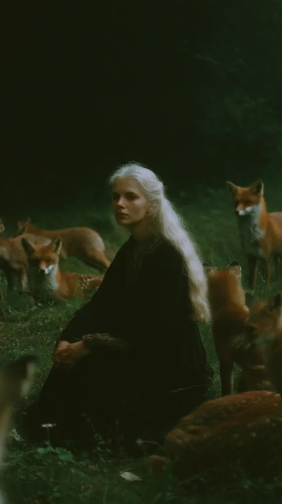 A woman with long, white hair sits in a dark green forest, surrounded by foxes. She wears a dark dress and appears serene. The foxes are various shades of red-orange, and some are partially obscured by shadows and foliage. The overall atmosphere is mystical and ethereal, with a focus on the contrast between the woman and her wild surroundings.  The image is dark and moody, with a muted color palette.