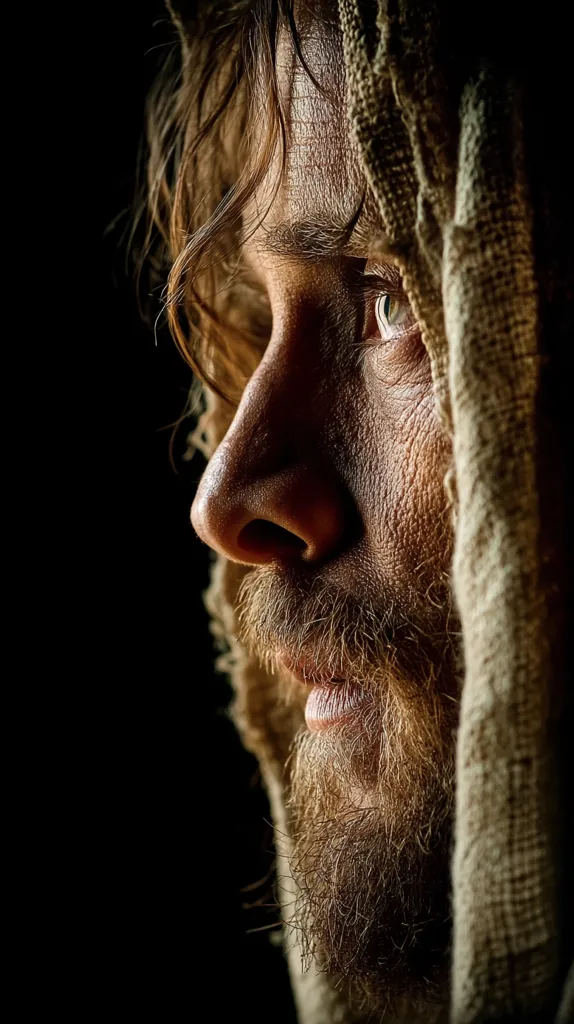 A close-up profile shot captures a man's weathered face, partially obscured by a coarse, light-beige hooded garment.  His beard is thick and unkempt, mirroring the wildness of his long, tousled hair.  The man's gaze is directed away, towards an unseen point, conveying a sense of contemplation or introspection.  The dramatic lighting highlights the texture of his skin and the rough fabric.