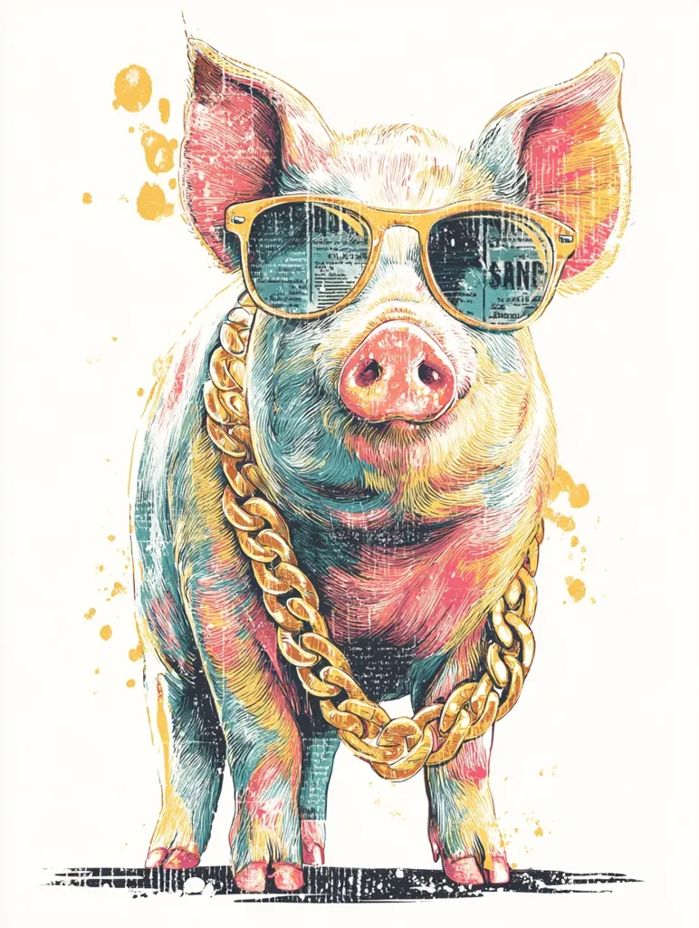 A stylized illustration of a pig, depicted in vibrant, multicolored hues.  The pig sports gold sunglasses and a thick, gold chain necklace, creating a hip-hop aesthetic. The image is set against a white background with textured splatters of yellow and orange, adding a grunge effect. The pig's expression is calm and slightly amused.  The artwork's style is reminiscent of a graphic print or t-shirt design.