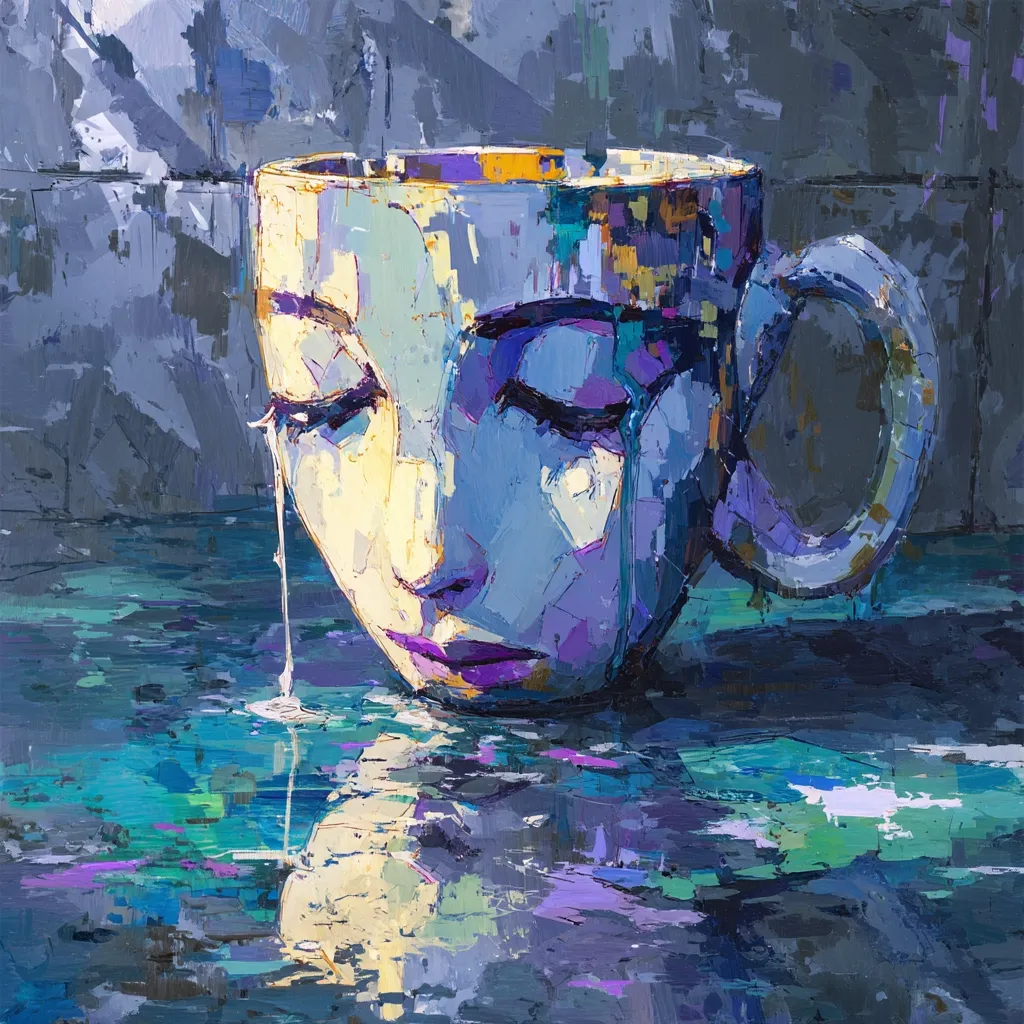 A vibrant impasto painting depicts a mug shaped like a woman's face, submerged in water.  Tears, rendered as drips of paint, stream from the mug's eyes into the reflective surface below. The colors are predominantly blues, purples, and yellows, creating a melancholic and expressive mood. The background features a textured, grey wall, adding depth to the scene. The overall style is expressive and emotional.