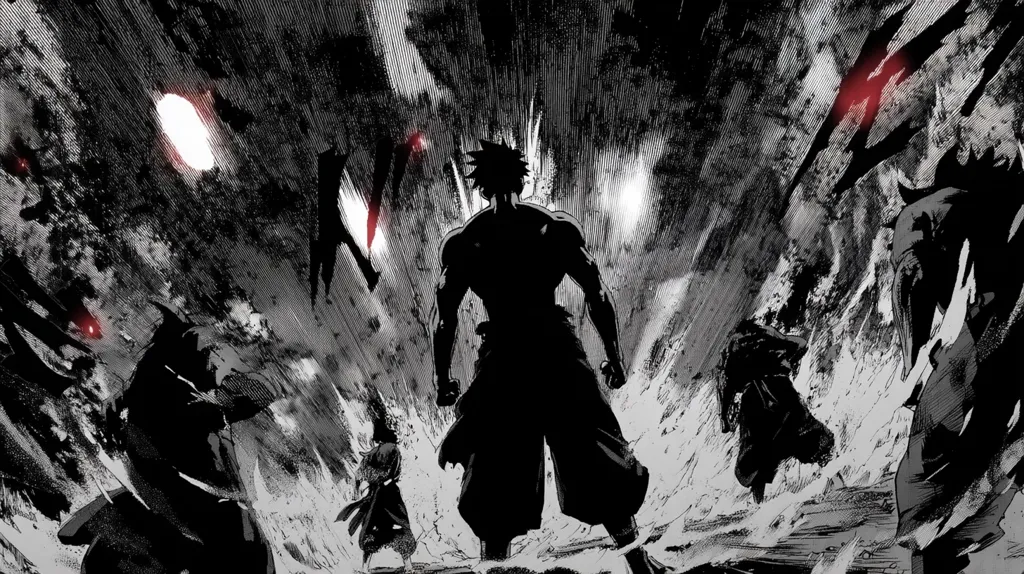 A muscular, shirtless figure stands defiantly amidst a chaotic, monochrome scene.  Surrounding him are shadowy figures, seemingly engaged in a fierce battle.  The background is a swirling vortex of dark gray and white, with splashes of red suggesting energy or blood. The overall style is reminiscent of manga or graphic novel art.  The central figure exudes power and determination, facing the approaching threat head-on.