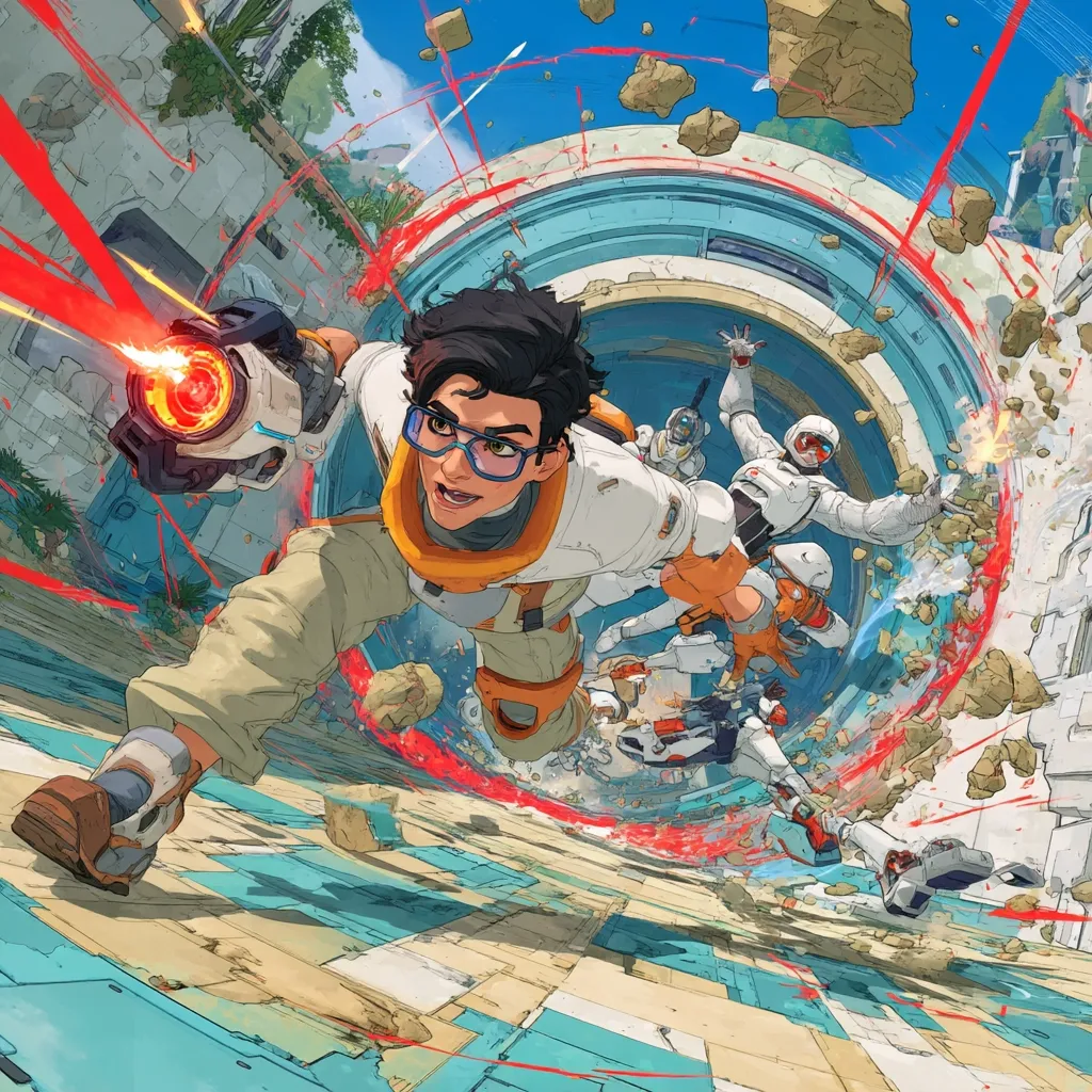 A dynamic illustration depicts a young, bespectacled character in futuristic attire, sprinting through a futuristic, ruined cityscape.  He wields a high-tech weapon, emitting red energy blasts.  Two other figures in similar suits accompany him, suggesting a team dynamic in a fast-paced, action-packed scene. The artwork's vibrant colors and energetic style evoke a sense of speed and excitement.
