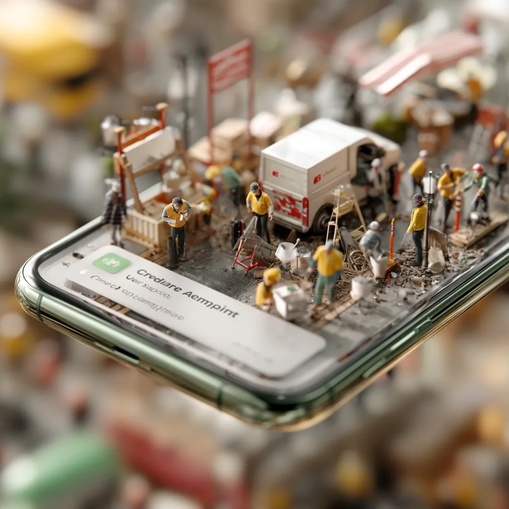 A miniature construction scene unfolds on a smartphone screen.  Tiny workers in yellow vests are engaged in various tasks, including mixing cement and operating construction vehicles. A white delivery van is also present. The phone displays an app, possibly related to project management or construction, with text partially visible in a foreign language. The image blends the real and miniature worlds, creating a surreal and captivating visual.