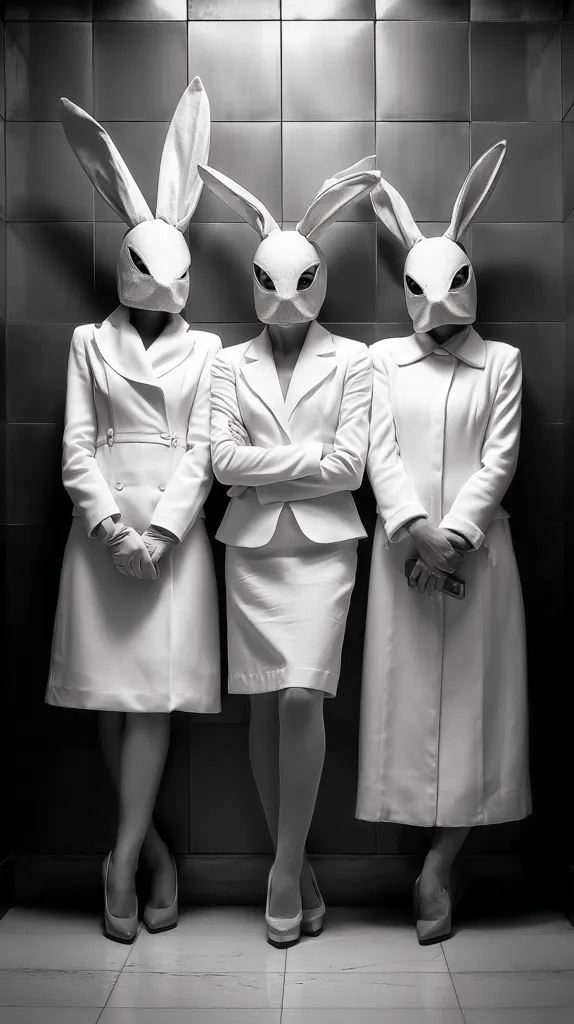 Three women stand against a tiled wall, each wearing a long white coat and a rabbit mask. The central figure wears a matching suit, while the women on either side wear coats.  They stand with arms crossed or hands clasped, presenting a striking and enigmatic monochrome image.  The high heels complete their coordinated attire.