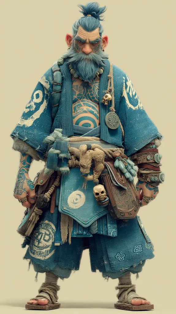 A digital rendering of a stout, blue-haired, tattooed man. He wears a weathered, teal robe adorned with  white circular patterns,  a skull pendant, and various pouches and trinkets. His attire suggests an Asian-inspired design with frayed edges and a topknot hairstyle. The character's expression is serious, and his detailed appearance hints at a mystical or shamanistic role. The overall style blends realism and fantasy.