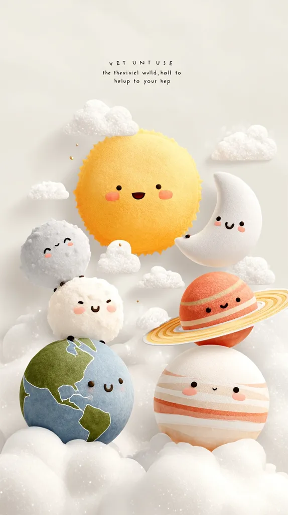 A whimsical illustration features cartoon planets and celestial bodies.  A smiling sun, moon, and several planets with cute faces float amongst fluffy clouds. The planets are stacked atop each other, creating a playful, childlike scene.  A cryptic phrase, "YET UNT USE the theviviel wuldd, hall to hel up to your hep," is written above the image, adding an element of mystery.  The overall aesthetic is soft, pastel, and heartwarming.