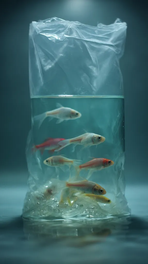 Several goldfish swim in a makeshift aquarium crafted from a clear plastic bag filled with water.  The bag is crumpled, suggesting a temporary and precarious environment. The fish appear serene despite their unusual surroundings, highlighting a poignant contrast between their natural needs and their artificial habitat. The overall image evokes a sense of fragility and vulnerability.