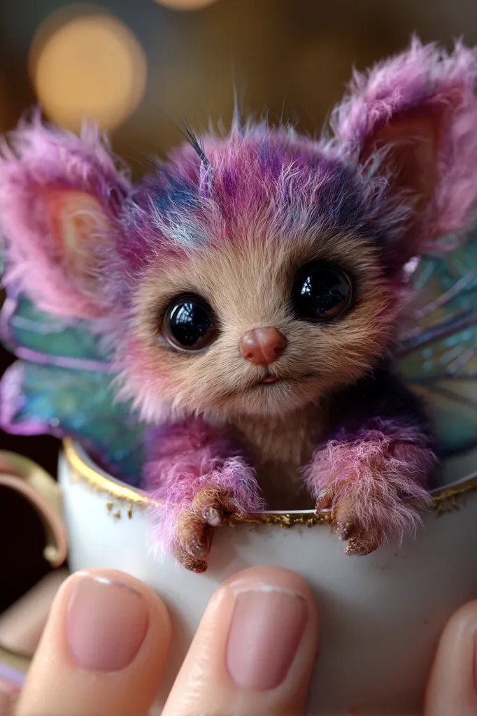A whimsical, digitally rendered creature resembling a small, fluffy animal with iridescent wings sits inside a delicate teacup. Its fur is a blend of pink, purple, and beige, and its large, expressive eyes are captivating.  The creature's paws peek over the cup's rim, creating a charming and endearing image. The background is softly blurred, focusing attention on the fantastical creature.