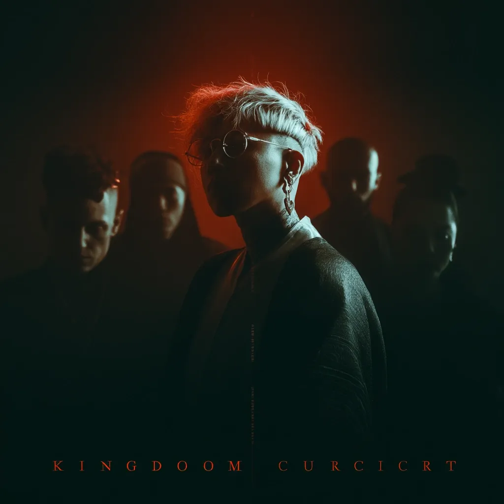 A stylized promotional image for the band Kingdom Curicrt.  A person with short blonde hair and round glasses is centrally positioned, bathed in red light.  They are surrounded by blurred figures in the background, creating a dramatic, shadowy effect. The band's name is displayed prominently at the bottom.  The overall aesthetic is dark, moody, and mysterious.