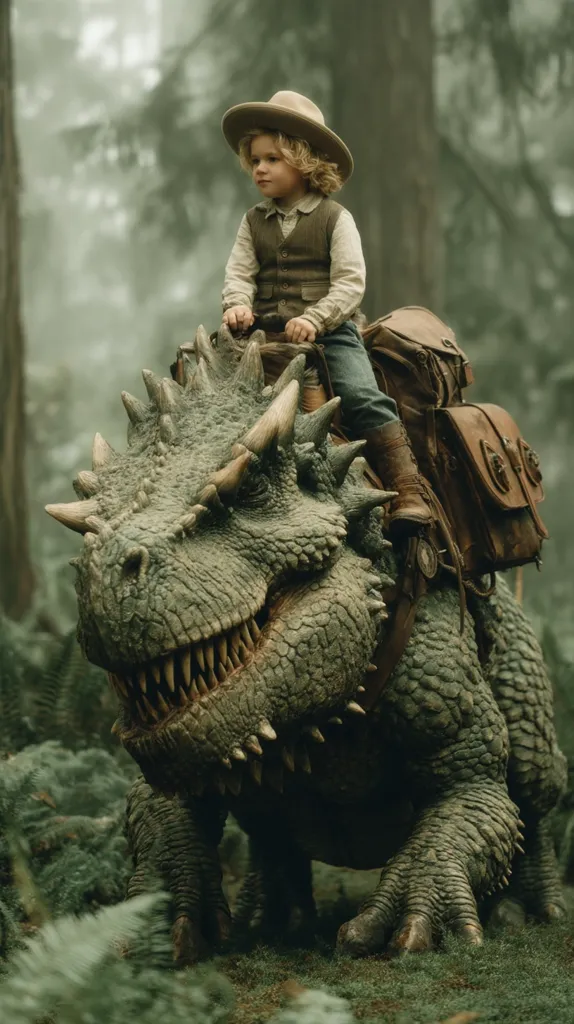 A young boy, dressed in a cowboy outfit, sits atop a large, reptilian creature resembling a dinosaur.  They are surrounded by a lush, misty forest. The boy wears a brown hat and vest, and the dinosaur carries saddlebags. The scene evokes a sense of fantasy and adventure, with the juxtaposition of the child and the prehistoric beast creating a captivating image.