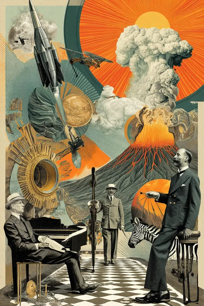 A vibrant, surreal collage depicting a scene with contrasting elements.  A rocket launches amidst a volcanic eruption and a mushroom cloud, while men in period attire play music and observe a zebra.  The artwork blends futuristic technology with historical figures and fantastical imagery, creating a dreamlike and eclectic composition.  The color palette is rich with oranges, greens, and muted tones.