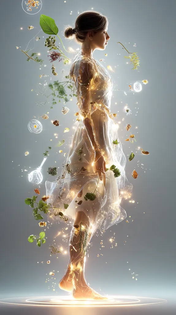 A woman in a flowing, translucent white dress is depicted in a surreal image.  Her body is interwoven with glowing lines of light and surrounded by floating herbs and botanical elements.  The overall effect is ethereal and suggests a connection between the woman and nature, possibly representing growth, transformation, or the essence of life.  A soft, glowing light emanates from her form, enhancing the dreamlike quality.
