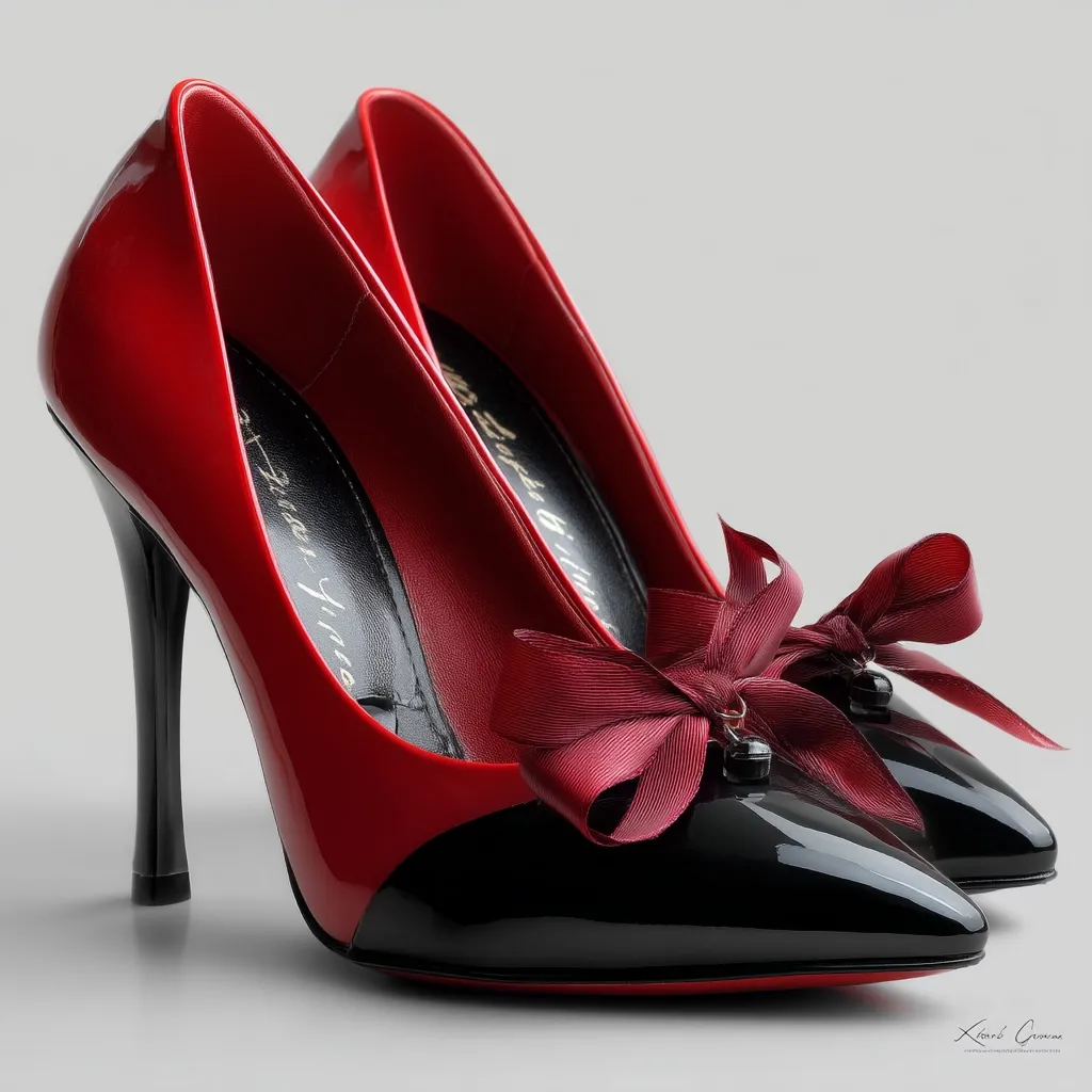 A pair of elegant, high-heeled shoes are showcased.  The shoes are a striking two-tone design, with red patent leather uppers and black patent leather toes.  A burgundy satin bow adorns each shoe, adding a touch of feminine flair. The shoes are positioned on a light gray background, highlighting their glossy finish and sharp lines. The brand name "Pina's" is subtly visible inside one shoe.