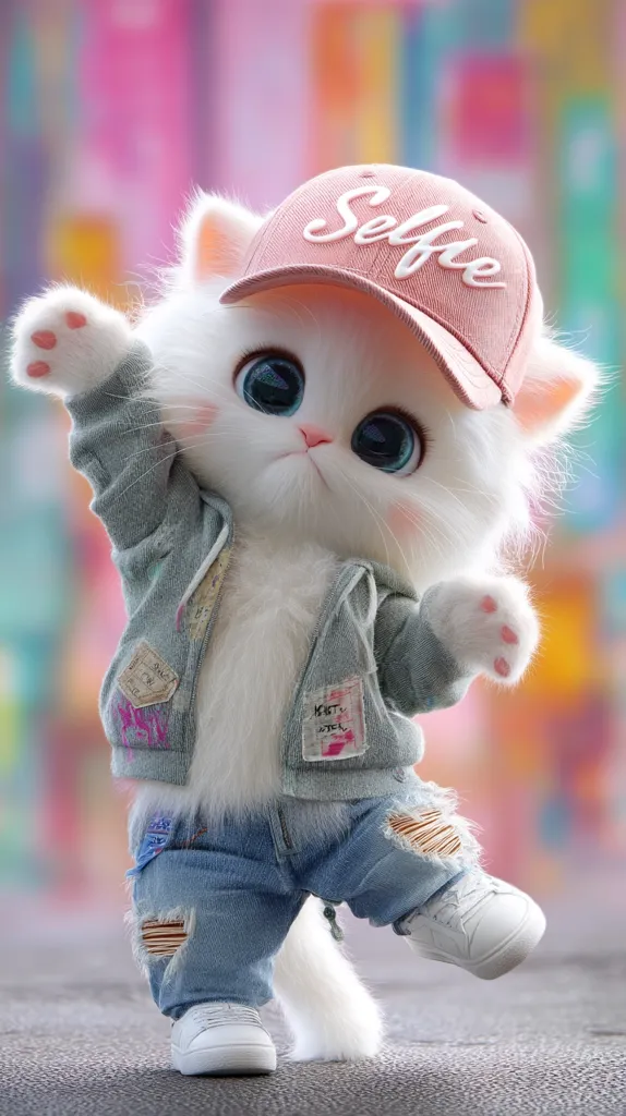 A cute, fluffy white kitten, wearing a pink "Selfie" baseball cap, grey jacket, and distressed denim jeans, strikes a playful pose.  Large, expressive eyes and tiny paws add to its adorable charm. The kitten's attire and pose suggest a fun, youthful personality, standing on a grey surface against a blurred colorful background.