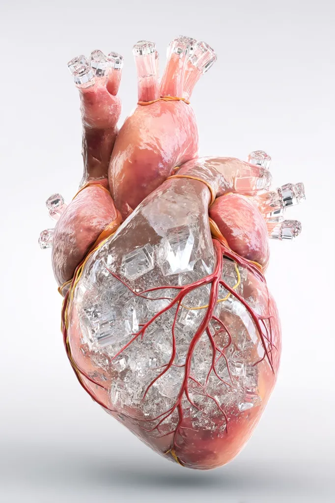 A 3D rendering depicts a human heart with its interior filled with clear ice cubes.  Intricate blood vessels are visible, intertwined with the ice.  The heart's exterior is anatomically accurate, showing chambers and vessels.  Small, clear attachments are present at the top, suggesting technological intervention or augmentation. The overall image creates a striking contrast between organic and inorganic materials, conveying a sense of fragility and perhaps medical intervention.