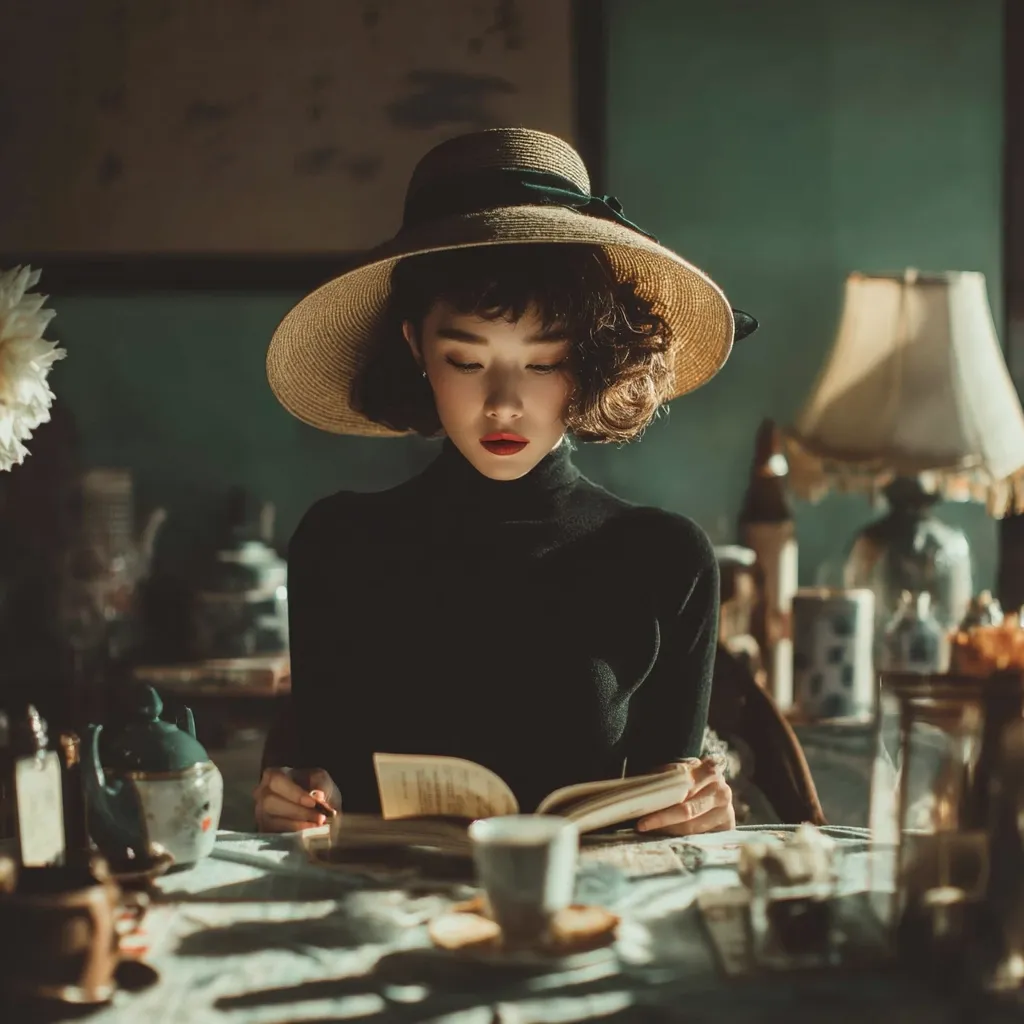 A young woman with short, dark curly hair wears a wide-brimmed straw hat and a black turtleneck sweater.  She sits at a table in a dimly lit room, surrounded by antique-style decor, and is engrossed in reading a book.  A teacup and teapot are visible on the table, adding to the vintage ambiance of the scene.  Soft, dappled sunlight illuminates the scene, creating a warm and nostalgic mood.