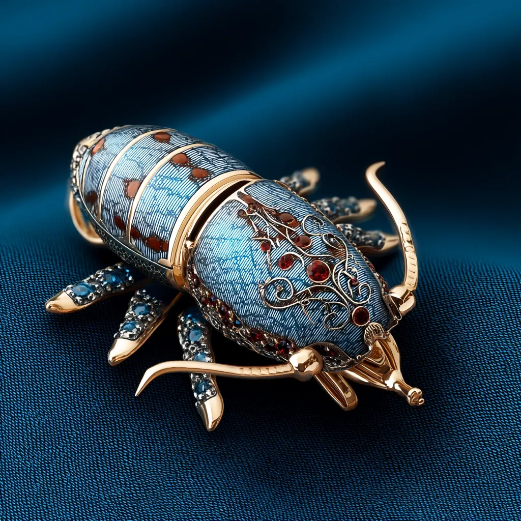 An intricately crafted jeweled lobster brooch rests on a deep blue silk background.  The lobster is rendered in gold, with a blue enamel body adorned with filigree detailing and accented by red and blue gemstones.  Its legs are meticulously detailed, showcasing the high quality craftsmanship. The piece is a stunning example of fine jewelry, combining precious metals, enamel work, and gemstones into a unique design.