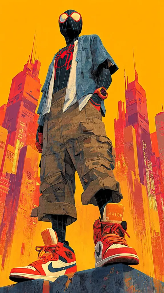 A stylized illustration of Miles Morales, Spider-Man, stands against a vibrant orange cityscape.  He's dressed in his signature black and red suit, layered with a casual denim shirt and cargo pants.  His iconic Air Jordan 1 sneakers complete the look. The art style is bold and graphic, emphasizing strong lines and contrasting colors.  The background buildings have a futuristic, almost cyberpunk feel.
