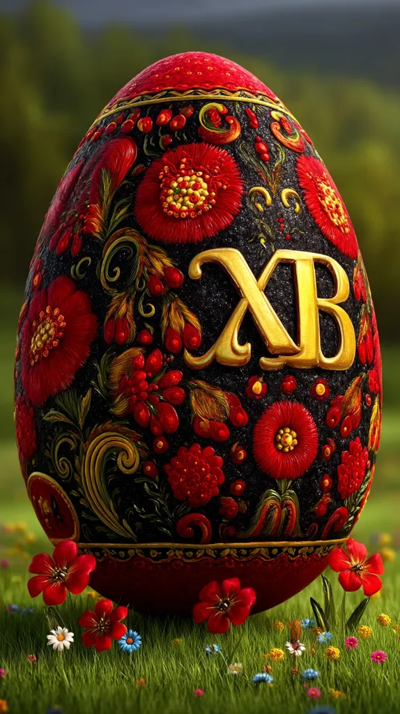 A large, intricately decorated Easter egg rests in a grassy field.  The egg's dark background is adorned with vibrant red flowers and gold swirls, featuring the Cyrillic letters "XB," signifying Christ is risen.  Small wildflowers surround the base of the egg, creating a festive, spring-like scene. The egg's design is reminiscent of traditional Russian folk art.