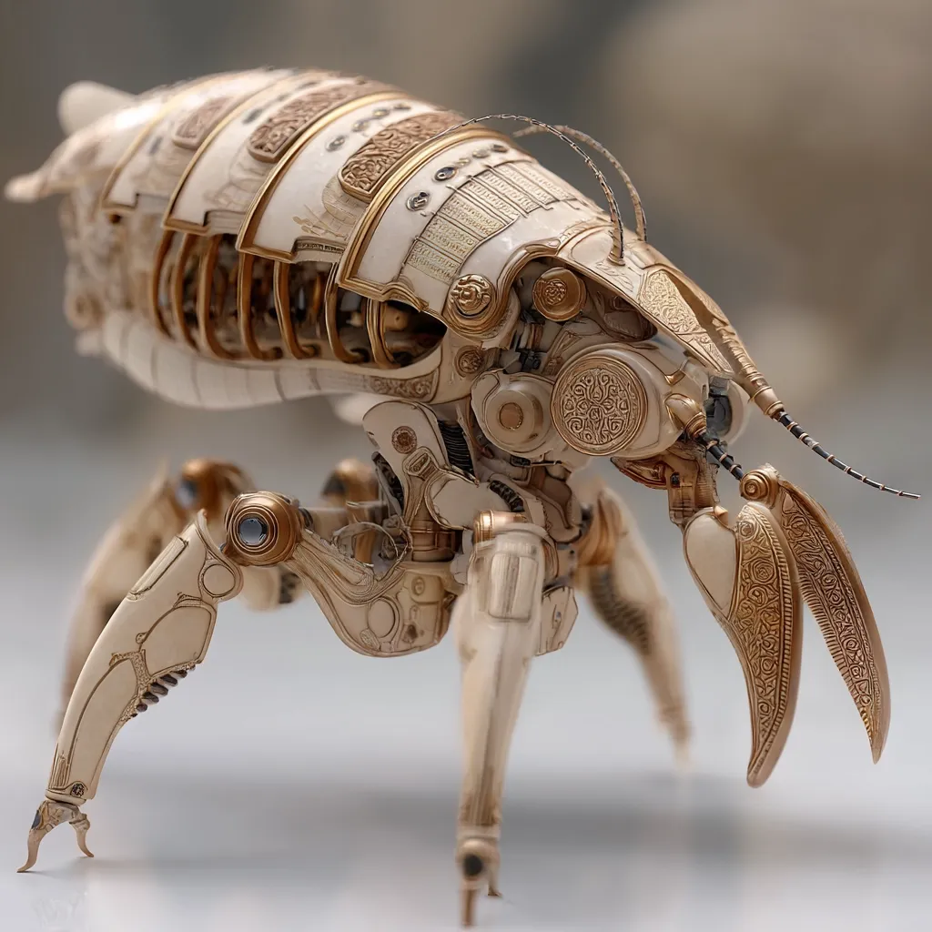 A meticulously crafted steampunk insect automaton stands poised, its ivory body adorned with intricate gold detailing.  The mechanical creature boasts delicate gears, ornate carvings, and polished metallic accents.  Its segmented legs and antennae suggest a precision engineering marvel, blending biological inspiration with clockwork artistry.  The overall effect is one of refined elegance and fantastical invention.
