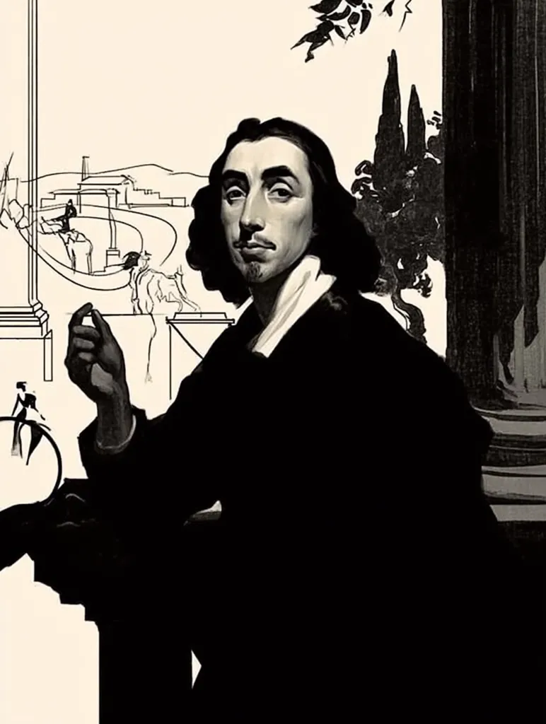 A black and white portrait of Blaise Pascal, a prominent French mathematician, physicist, inventor, writer and Christian philosopher. He is depicted in a dark, formal outfit, his hand gesturing thoughtfully.  The background features a sketched classical landscape, suggesting intellectual pursuits and classical ideals. The overall style is dramatic and emphasizes Pascal's intellectual gravitas.