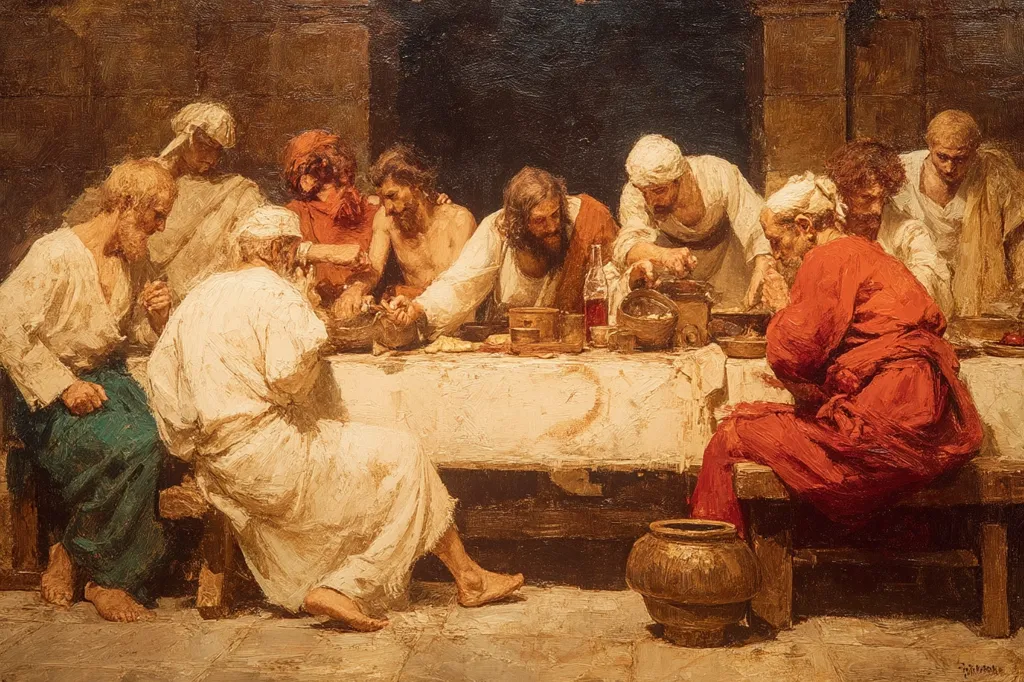 A painting depicts Jesus and his twelve disciples at the Last Supper.  The figures are gathered around a table laden with food and drink.  The scene is set in a dimly lit room, with the figures dressed in simple robes. The painting's warm tones and brushstrokes create a sense of intimacy and solemnity.  Jesus is centrally positioned, sharing a meal with his followers. The overall style is realistic with a focus on capturing the emotion of the moment.
