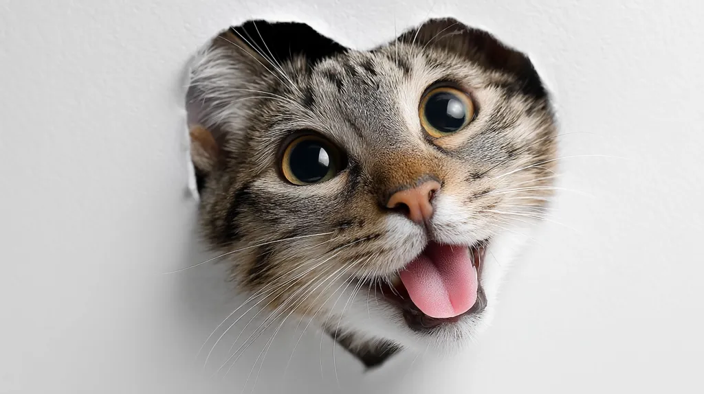 A playful tabby cat's face peeks through a heart-shaped hole in a white background.  Its large, expressive eyes and slightly open mouth with pink tongue create a cheerful and endearing expression.  The cat's fur is a mix of grey, brown, and white.  The image is bright and cheerful, perfect for showcasing feline charm.
