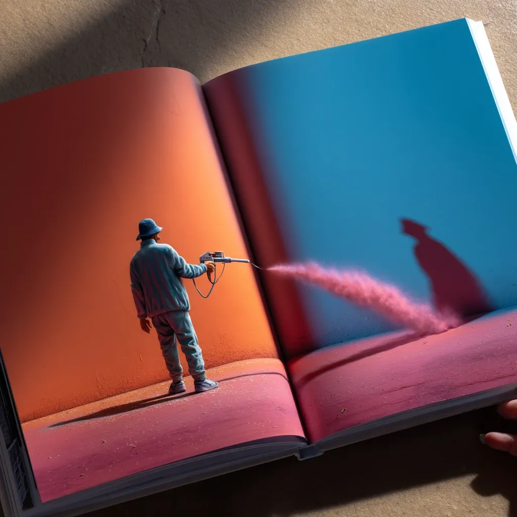An open book displays a surreal scene.  A miniature figure, wearing a hat and tracksuit, uses a spray gun to paint a vibrant pink trail across a two-toned wall—orange on one side, blue on the other.  The pink dust forms a hazy connection between the colors, casting a shadow suggesting transformation or creation within the pages of the book itself. The image evokes themes of imagination, storytelling, and artistic creation.