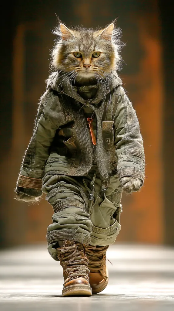 A long-haired tabby cat struts down a runway, modeling a stylish olive green jumpsuit and sturdy brown boots.  The cat's serious expression and confident posture add to the humorous effect of this fashionably dressed feline. The outfit appears rugged and textured, with details suggesting a post-apocalyptic or military-inspired design. The background is blurred, focusing attention on the cat's unique and comical attire.