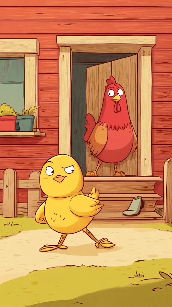 A cartoon illustration depicts a yellow chick strutting confidently in front of a red barn. A larger, red hen stands in the doorway, appearing slightly amused.  Potted plants sit on a windowsill of the barn, and a single shoe lies on the steps. The scene is cheerful and brightly colored, with a simple, childlike style.