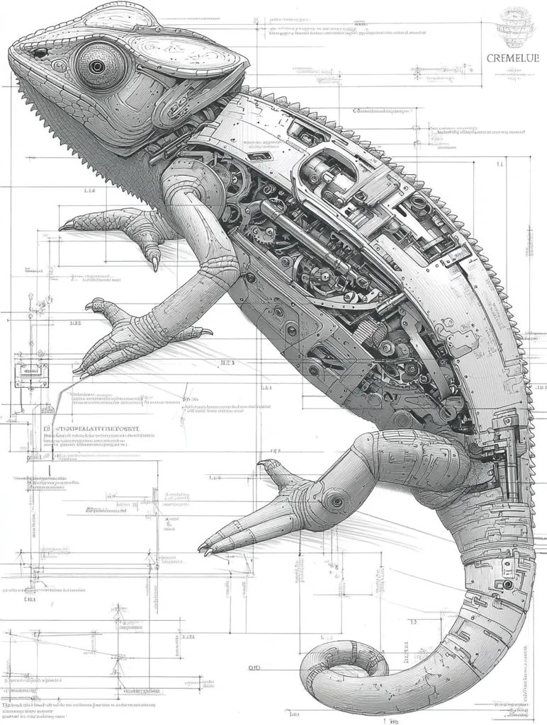 A detailed, grayscale illustration depicts a chameleon meticulously rendered as a complex clockwork mechanism.  Its internal gears, pistons, and intricate components are visible, overlaid with engineering blueprints and measurements, suggesting a fantastical machine-animal hybrid. The style evokes steampunk aesthetics, with precise lines and shading creating a sense of both artistry and mechanical precision. The image's title, "CREMELUE," is subtly placed in the upper right corner.