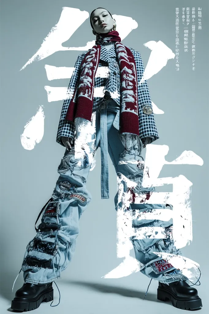 A fashion model poses against a stark gray backdrop.  She is wearing distressed light blue jeans adorned with patches, a checkered jacket, and a dark burgundy scarf.  Large, stylized Japanese kanji characters are superimposed over the image.  The model's expression is serious, and her black boots add to the edgy, urban feel. The overall style is grunge and heavily textured.