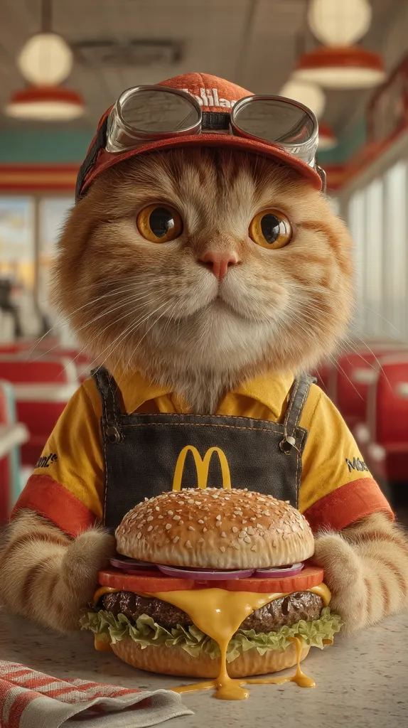 A fluffy ginger cat, wearing a McDonald's uniform, goggles, and a red cap, holds a juicy cheeseburger.  The melted cheese drips down the burger. The cat is seated in a retro diner setting, its expression is one of contented satisfaction. The image is a digitally created, whimsical portrayal of a cat as a fast-food employee.