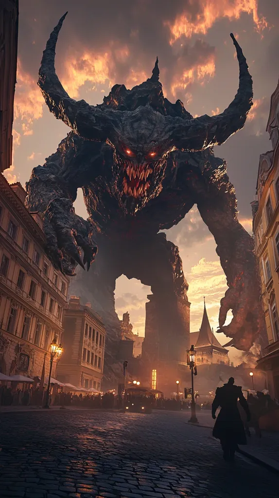 A colossal, demonic creature looms over a medieval European city at sunset.  Its massive form dwarfs the buildings and crowds in the cobblestone streets below.  The demon, with glowing red eyes and sharp horns, exudes a menacing aura. A lone figure in dark clothing walks away, seemingly unaware or defiant of the approaching threat. The sky is a fiery blend of orange and purple.