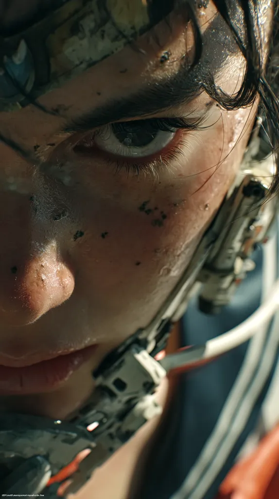Close-up of a young person's face, partially obscured by a complex, technological device attached to their head and jaw.  The skin shows signs of wear and grime, suggesting a harsh or intense environment.  The individual's expression is serious and intense, their eye is sharply focused, conveying a sense of determination or struggle. The image's overall tone is dark and gritty, hinting at a futuristic or dystopian setting.