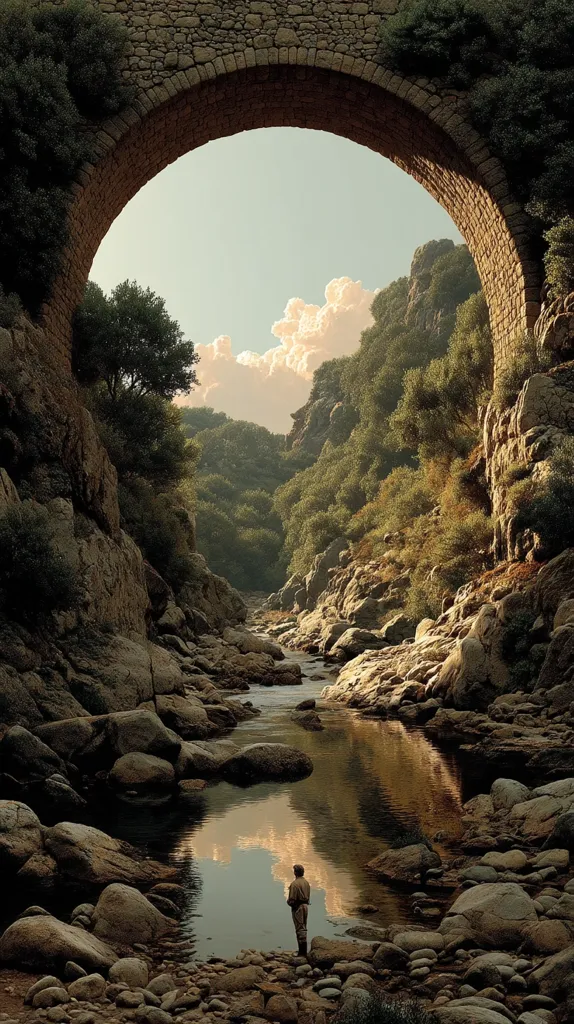 A solitary figure stands by a tranquil river, framed by an ancient stone arch bridge.  The river winds through a serene gorge, its banks lined with large rocks. Lush green vegetation covers the steep slopes, under a partly cloudy sky.  The scene is peaceful and evokes a sense of remoteness and tranquility. The reflection of the sky and clouds is visible on the calm water's surface.