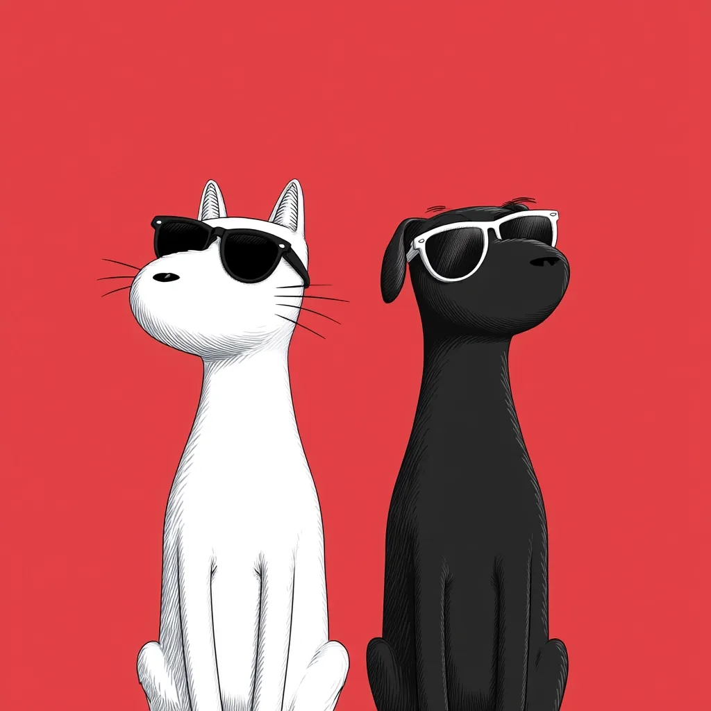 A stylized illustration depicts a white cat and a black dog sitting side-by-side against a red background.  Both animals wear identical black sunglasses, creating a cool and contrasting image.  The simple linework and bold colors give the piece a minimalist, yet striking feel.  The cat and dog appear calm and composed, their expressions suggesting a shared coolness.