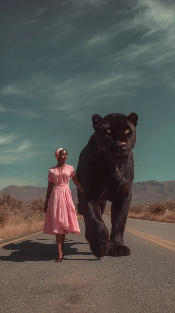 A young Black woman in a pink dress walks down a desert road alongside a massive black panther. The scene is reminiscent of vintage photography, with a muted color palette and a surreal, dreamlike quality.  The woman and panther are nearly the same height, creating an unexpected and powerful visual juxtaposition.  The vast, empty landscape emphasizes their unusual companionship.