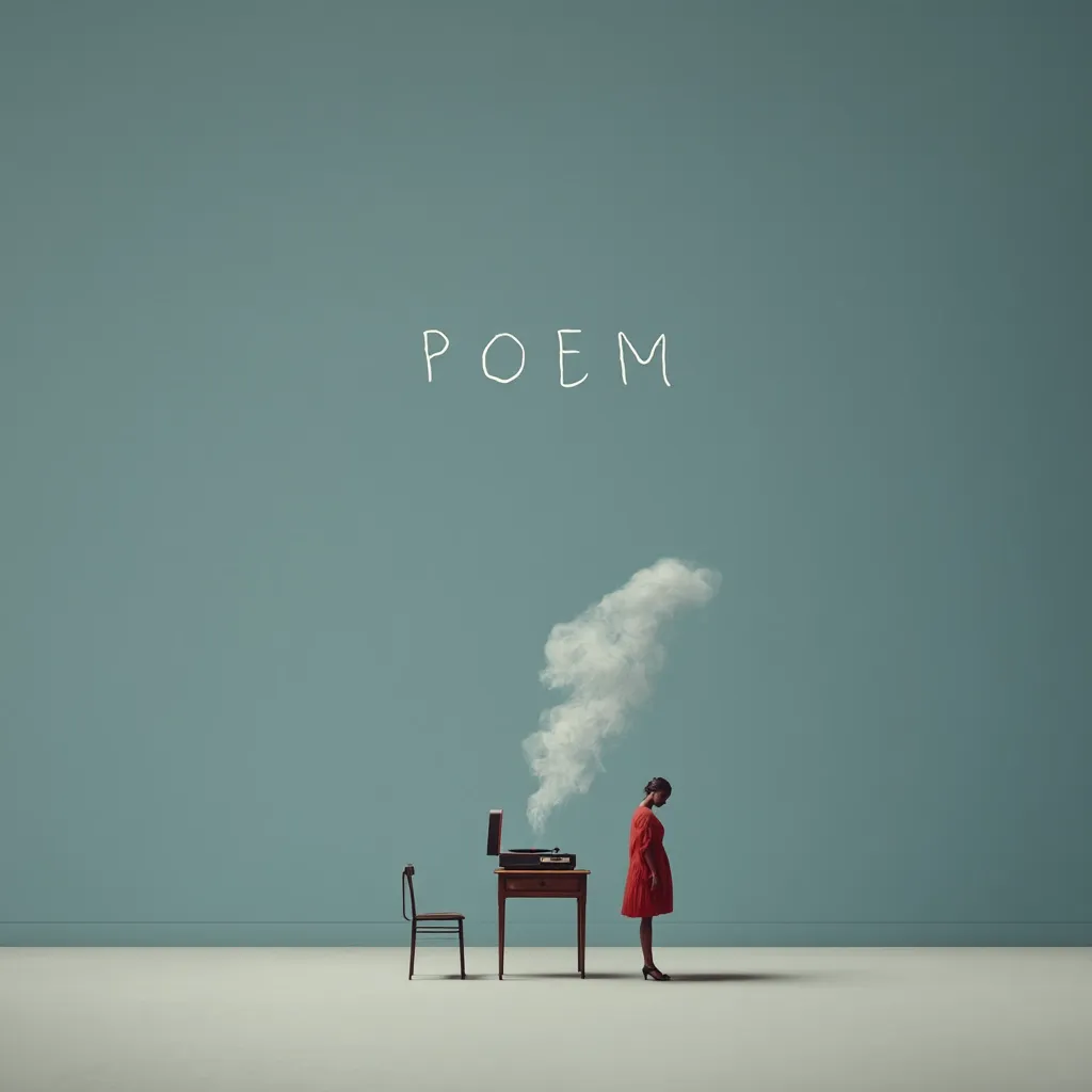 A minimalist image features a woman in a red dress standing before a small desk with a record player.  A wisp of smoke rises from the player, evocative of a poem's intangible essence. The word "POEM" is lightly sketched above, setting a contemplative mood within a muted teal backdrop.  The scene suggests introspection and the ephemeral nature of art.