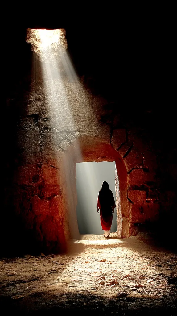 A lone figure, cloaked in red, walks toward a bright light emanating from a stone doorway.  The individual emerges from a dark, earthy tunnel, the light illuminating their path.  The scene is dramatic, with the contrast between darkness and light emphasizing a sense of hope and resurrection.  The textured stone walls suggest age and history.