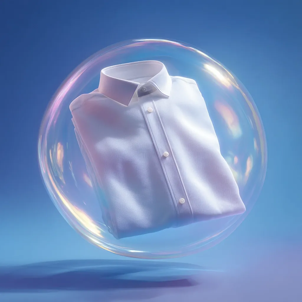 A crisp white dress shirt is gently nestled inside a translucent, iridescent bubble. The bubble floats against a soft blue backdrop, creating a surreal and ethereal image.  The shirt's smooth texture and the bubble's delicate shimmer suggest cleanliness, freshness, and perhaps a sense of protection or preservation. The overall aesthetic is clean, modern, and subtly luxurious.