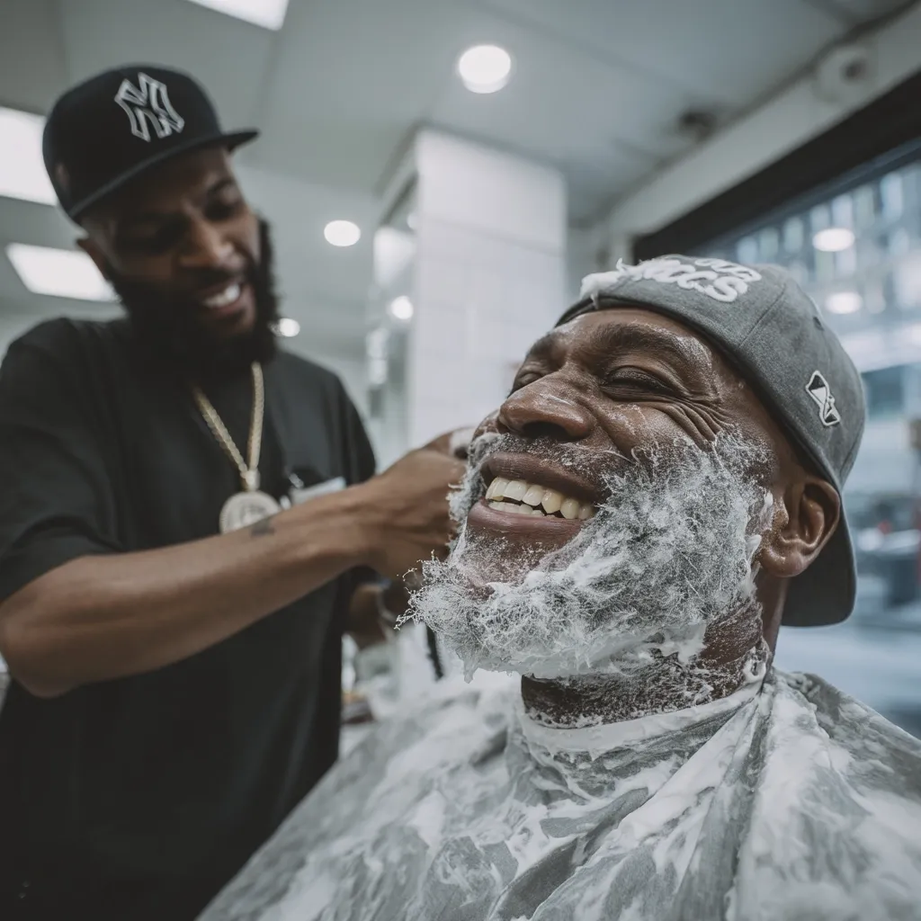 A smiling man sits in a barber chair, his beard covered in shaving cream.  The barber, wearing a New York Yankees cap, carefully applies the cream. The atmosphere is relaxed and friendly, suggesting a comfortable and familiar barbershop setting.  The focus is on the man's joyful expression as he receives a shave.