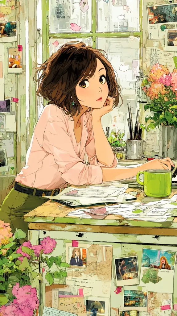 A young woman with brown, shoulder-length hair sits at a cluttered desk, resting her chin on her hand. She wears a light pink, long-sleeved shirt and olive green pants.  The desk is covered in papers, a green mug, and various items.  The room is bright and airy, with a large window and numerous photographs and mementos adorning the walls and drawers. Flowers are visible in a vase and a pot, adding to the cozy, whimsical atmosphere.