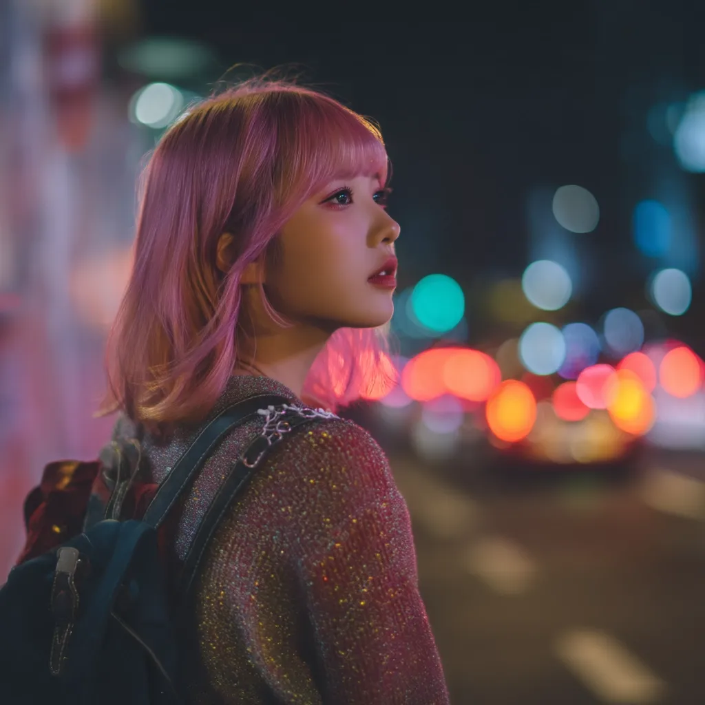 A young woman with vibrant pink hair, wearing a sparkly maroon sweater and a backpack, stands on a city street at night.  The background is blurred, showcasing colorful bokeh from traffic lights and city lights. She gazes pensively off to her right, her profile highlighted against the glowing backdrop. The overall atmosphere is moody and atmospheric.